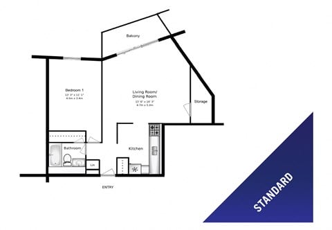 Floor plan for 1 bed, 1 bath, 598 sqft